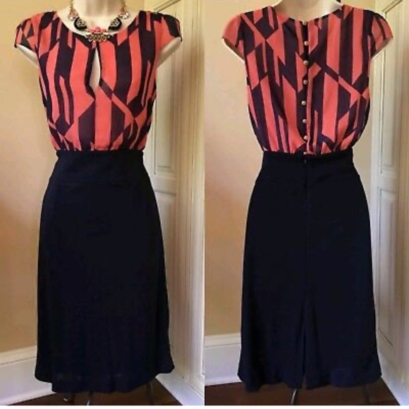 MNG by Mango Geometric Navy/Coral Cap sleeve Key hole Front Sheath Dress Small - Picture 2 of 16